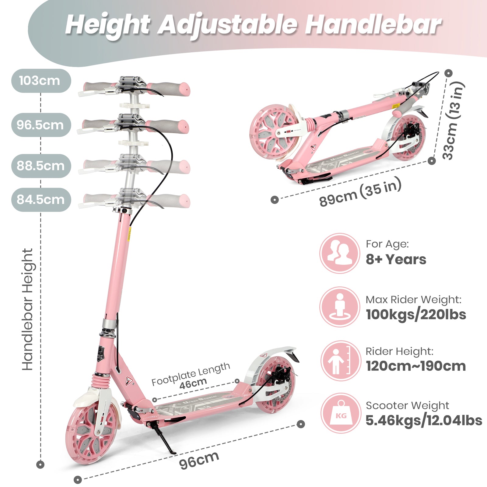 Hyeed Light Up Kick Scooter with Disc Brake Pink
