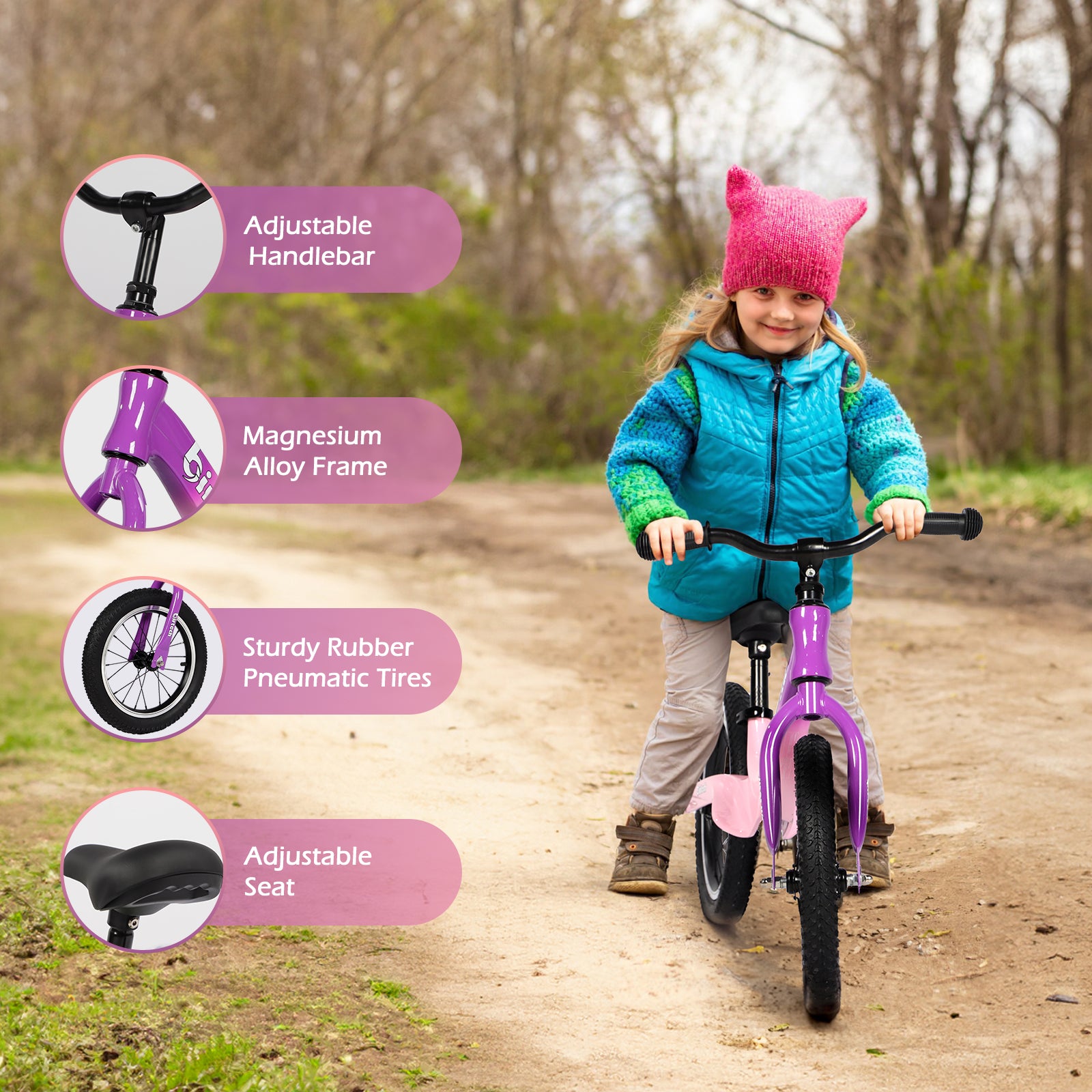 Birtech 14 Inch Kids Balance Bike with Magnesium Alloy Frame Purple&Pink