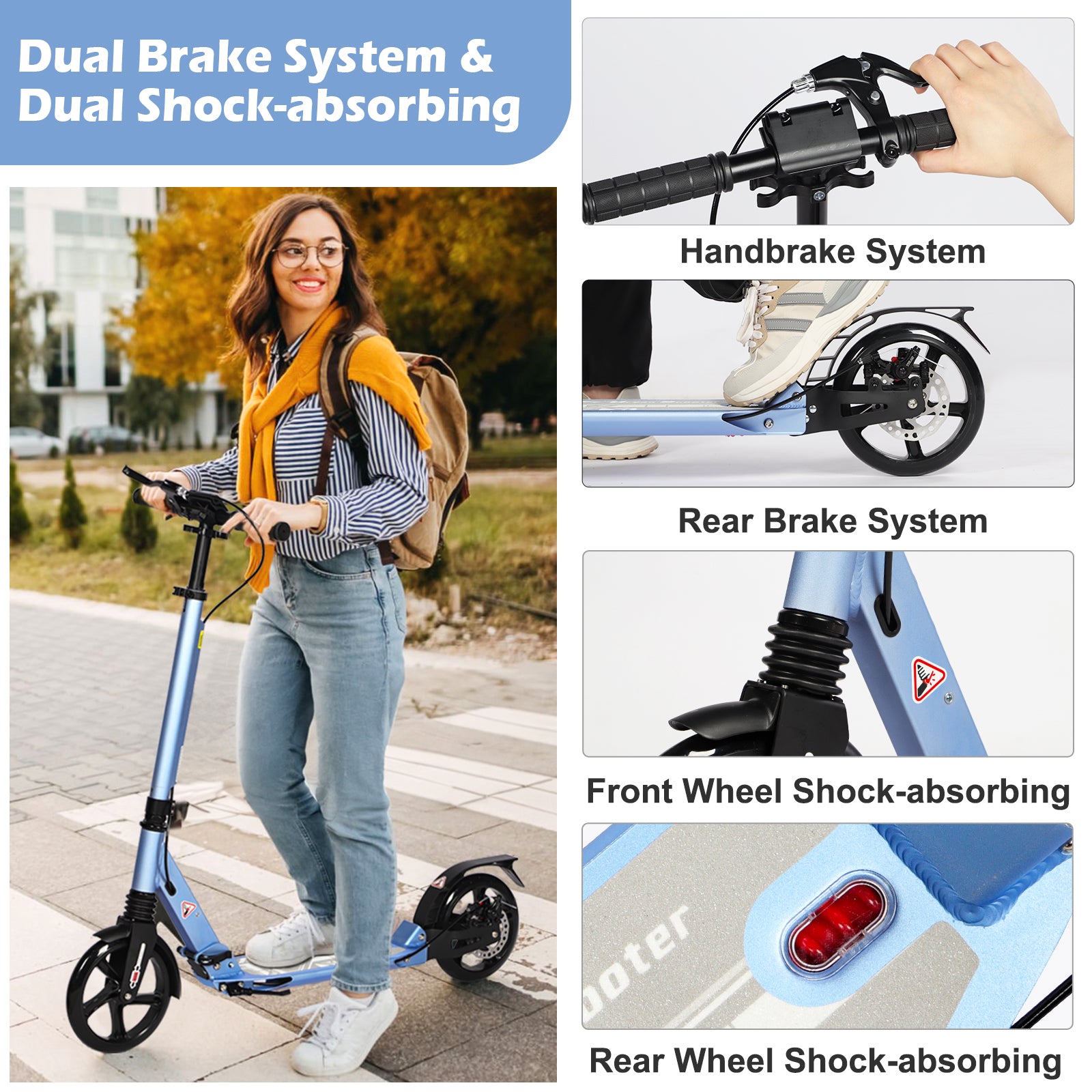 Hyeed Kick Scooter with Disc Brakes Lighting Bule