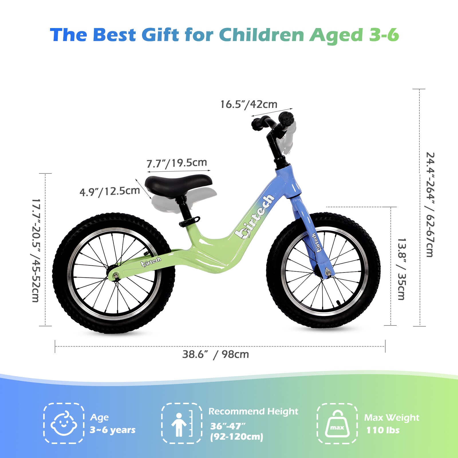 Birtech 14 Inch Kids Balance Bike with Magnesium Alloy Frame Blue&Green