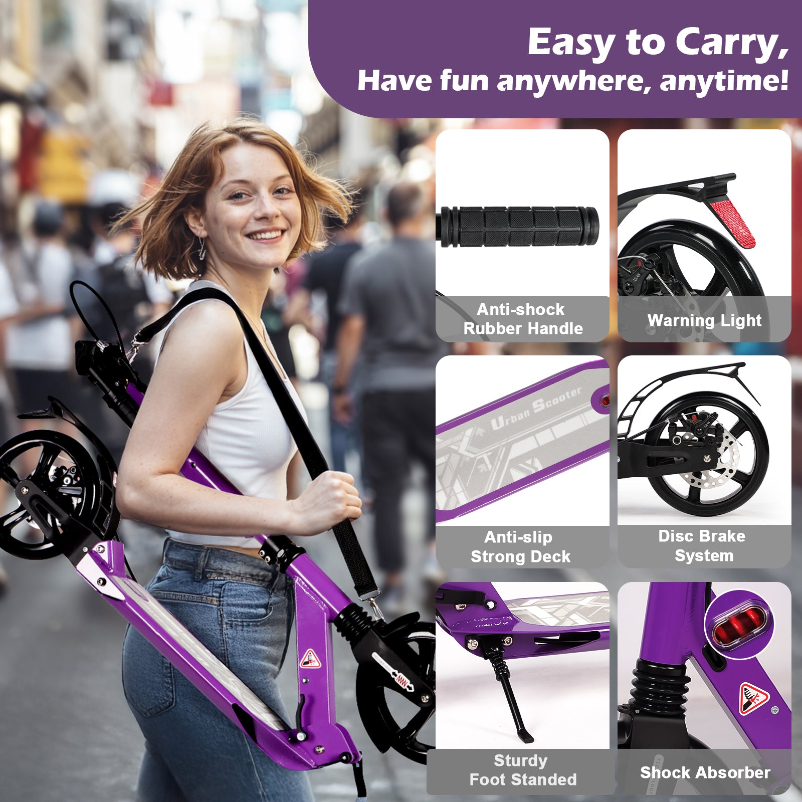 Hyeed Kick Scooter with Disc Brake Purple