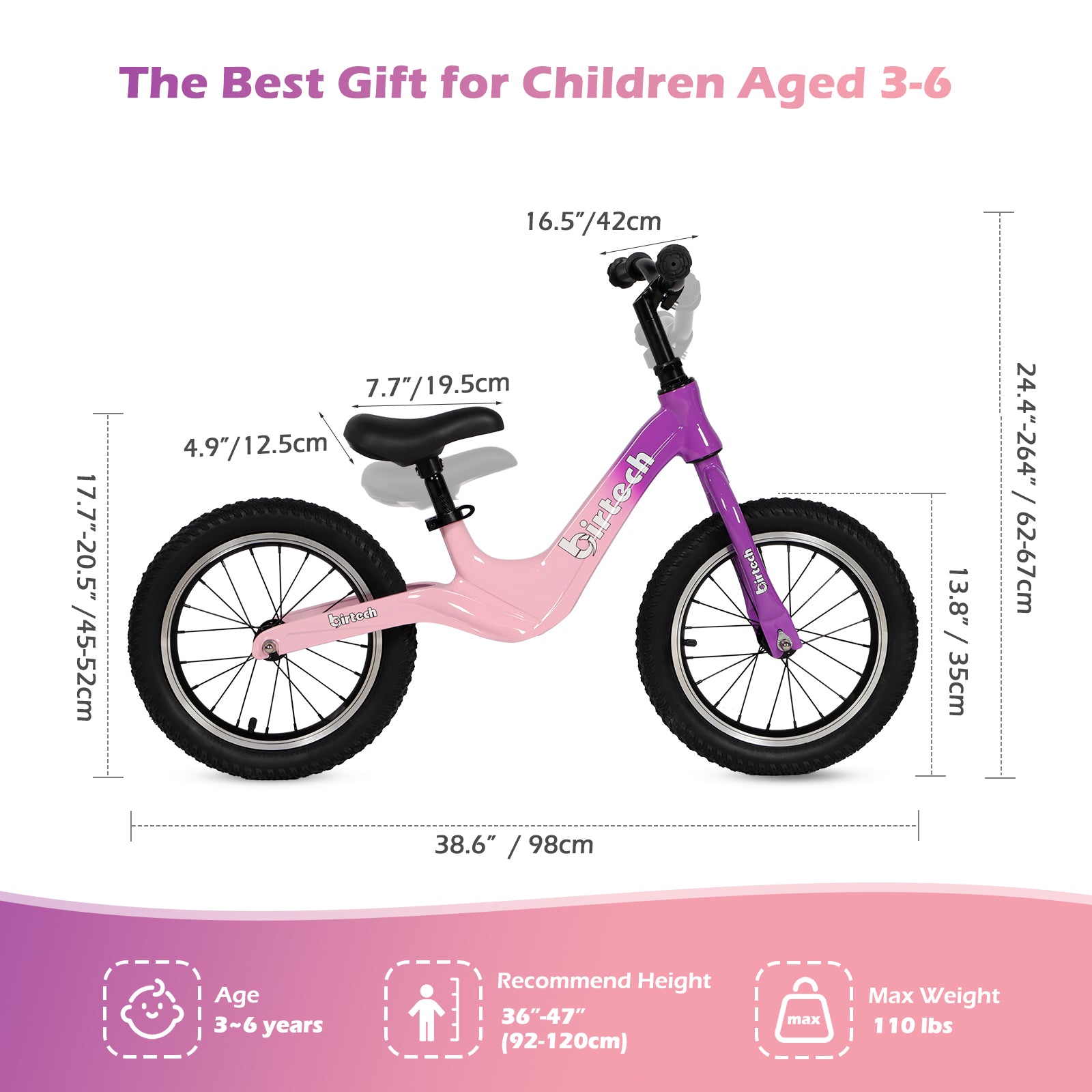 Birtech 14 Inch Kids Balance Bike with Magnesium Alloy Frame Purple&Pink