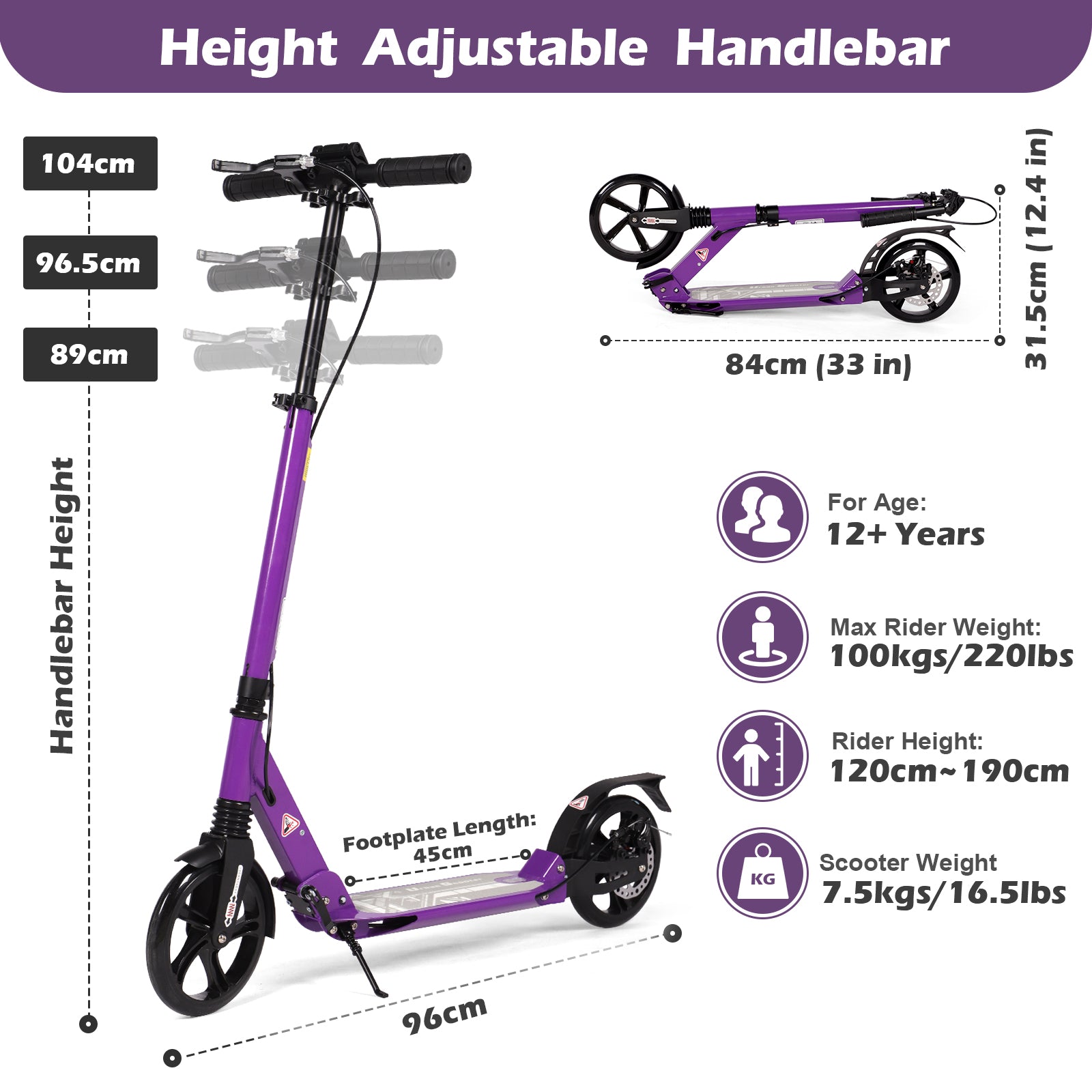 Hyeed Kick Scooter with Disc Brake Purple