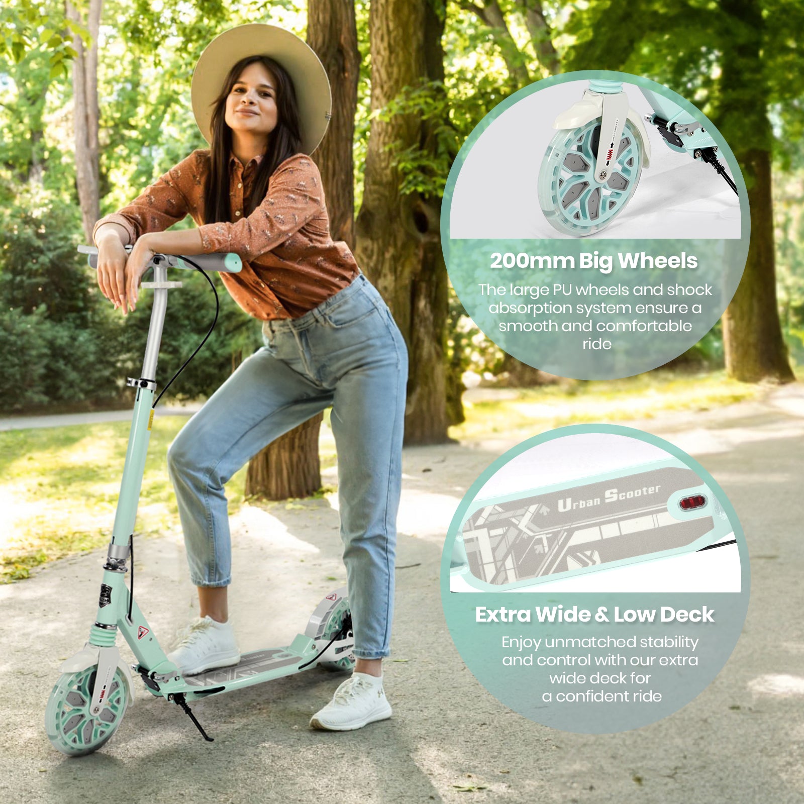 Hyeed Light Up Kick Scooter with Disc Brake Green