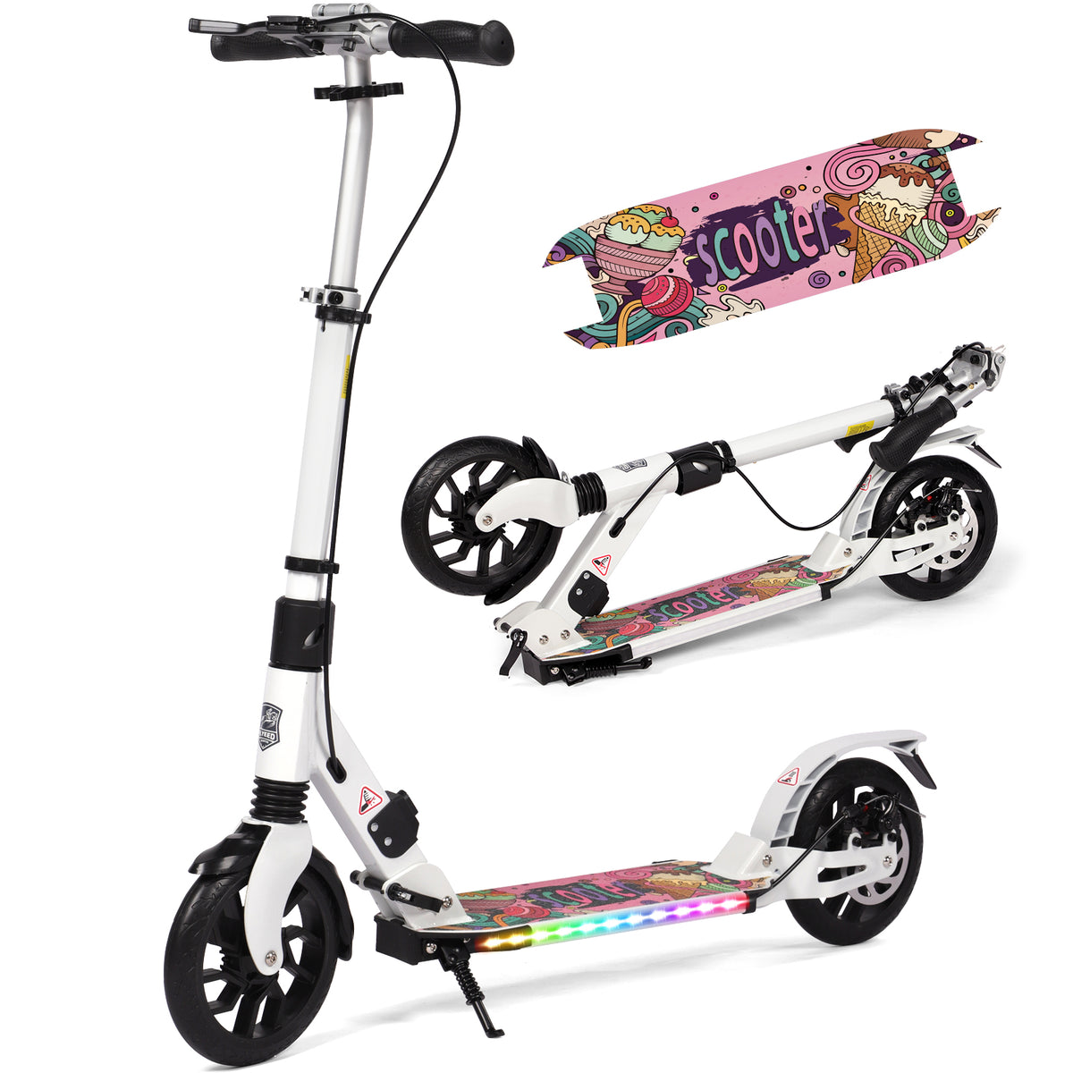 Hyeed Light Up Kick Scooter with Disc Brake White
