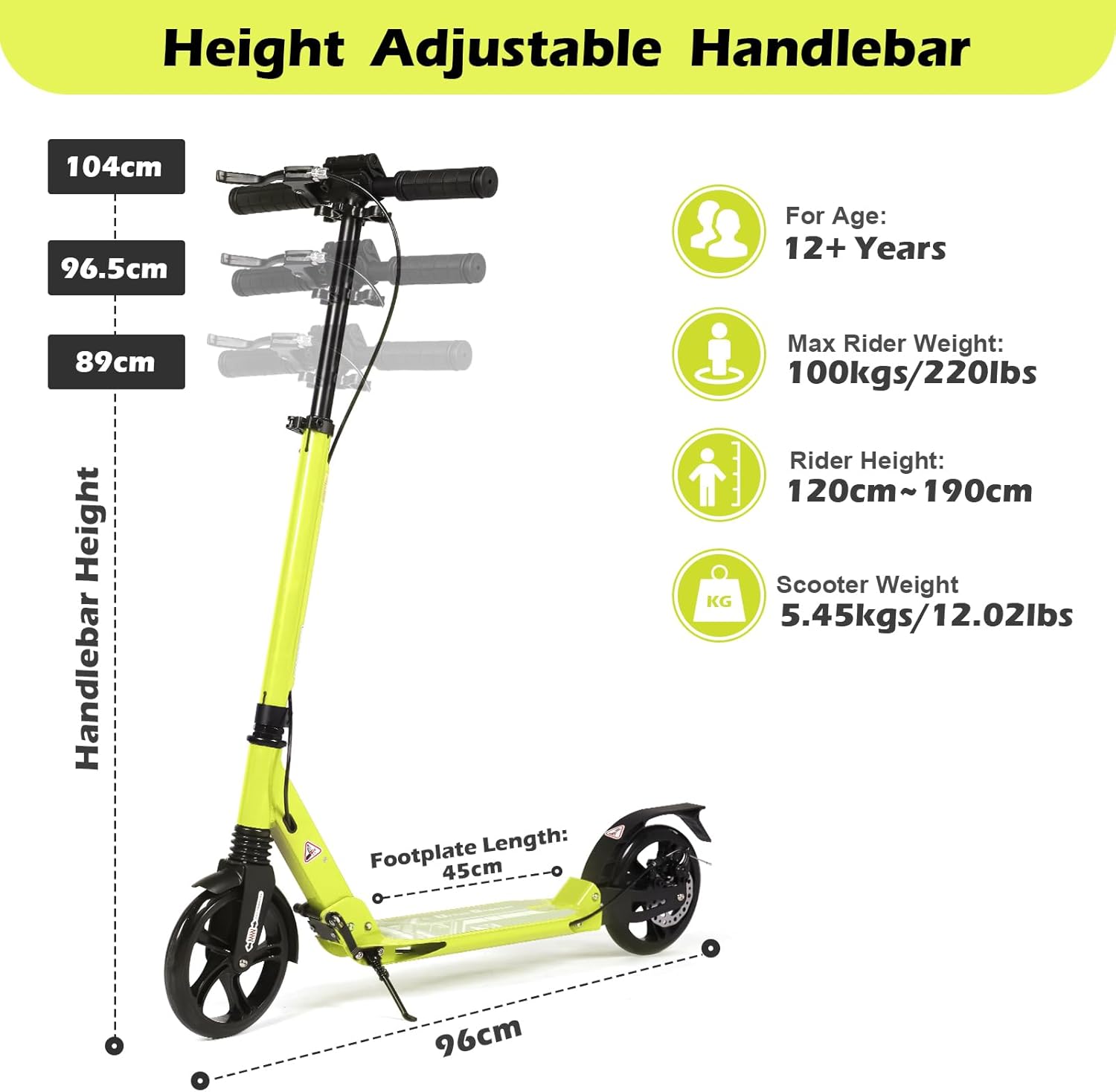 Hyeed Kick Scooter with Disc Brakes Yellow