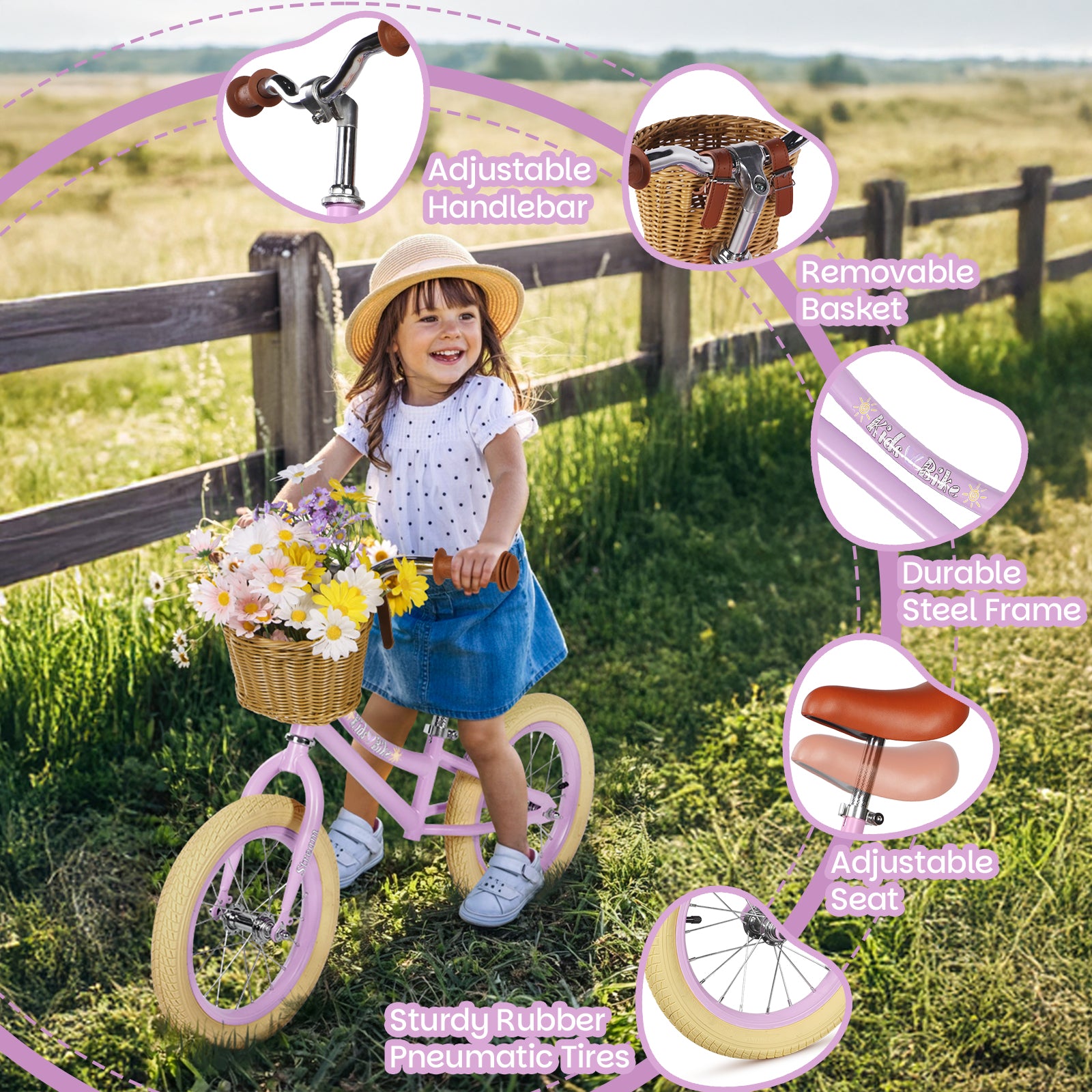 14 Inch Kids Balance Bike with Removable Basket Purple