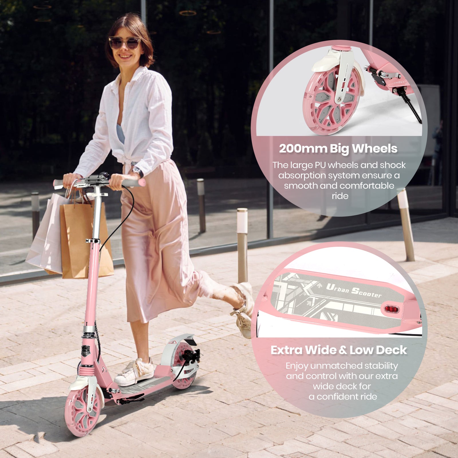 Hyeed Light Up Kick Scooter with Disc Brake Pink