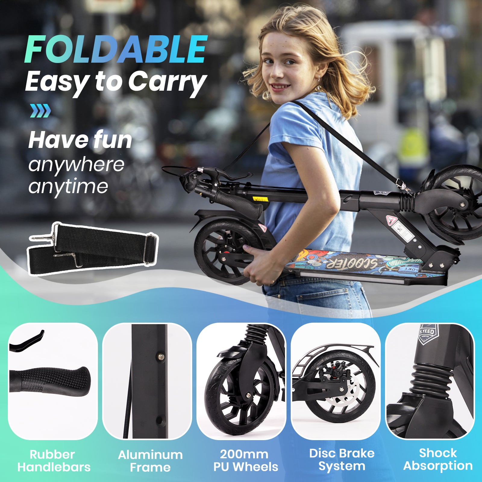 Hyeed Light Up Kick Scooter with Disc Brake Black