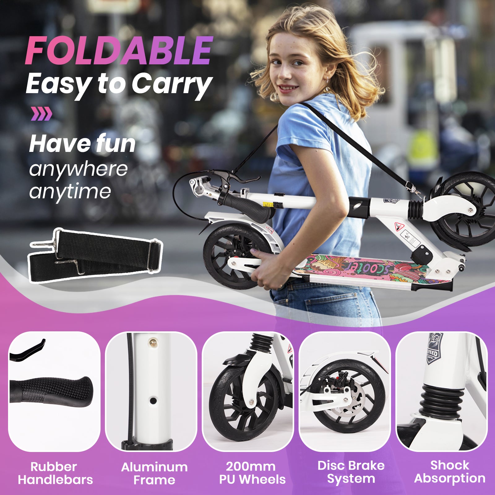 Hyeed Light Up Kick Scooter with Disc Brake White