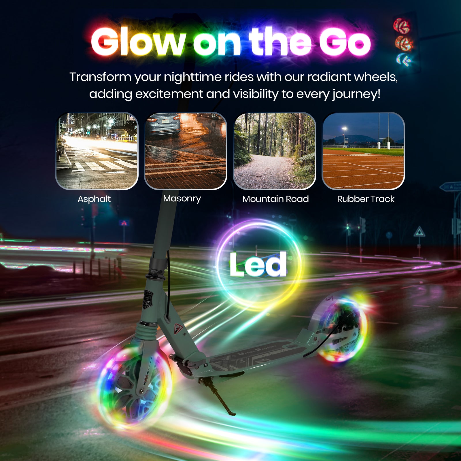 Hyeed Light Up Kick Scooter with Disc Brake Green