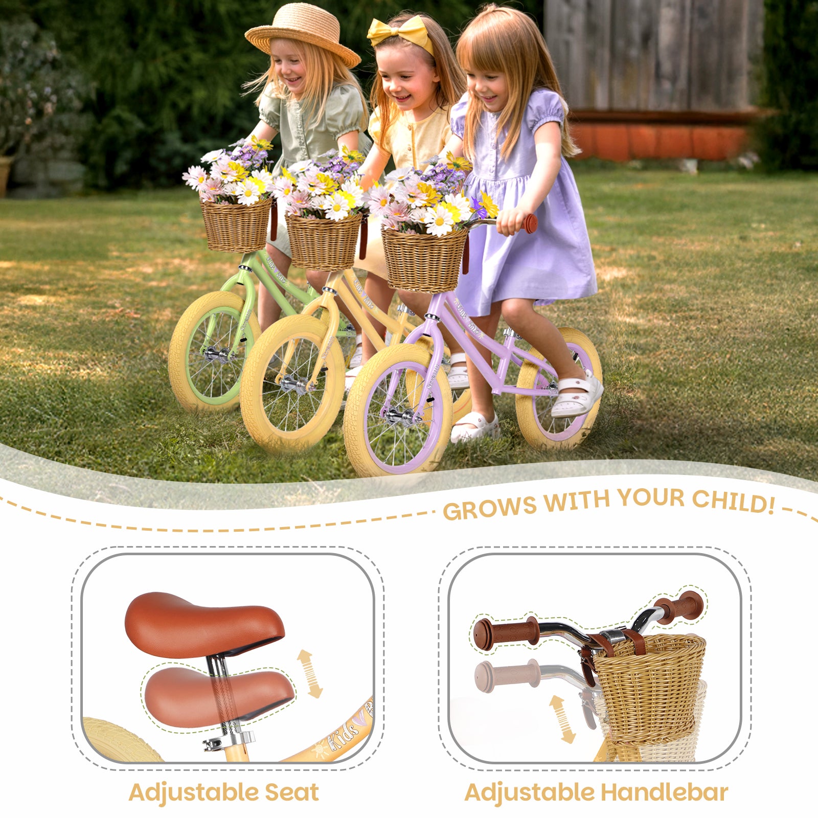 14 Inch Kids Balance Bike with Removable Basket Light Yellow