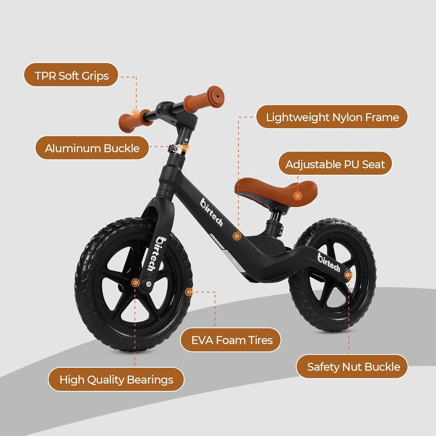 Birtech 12" Kids Balance Bike with Nylon Frame Black