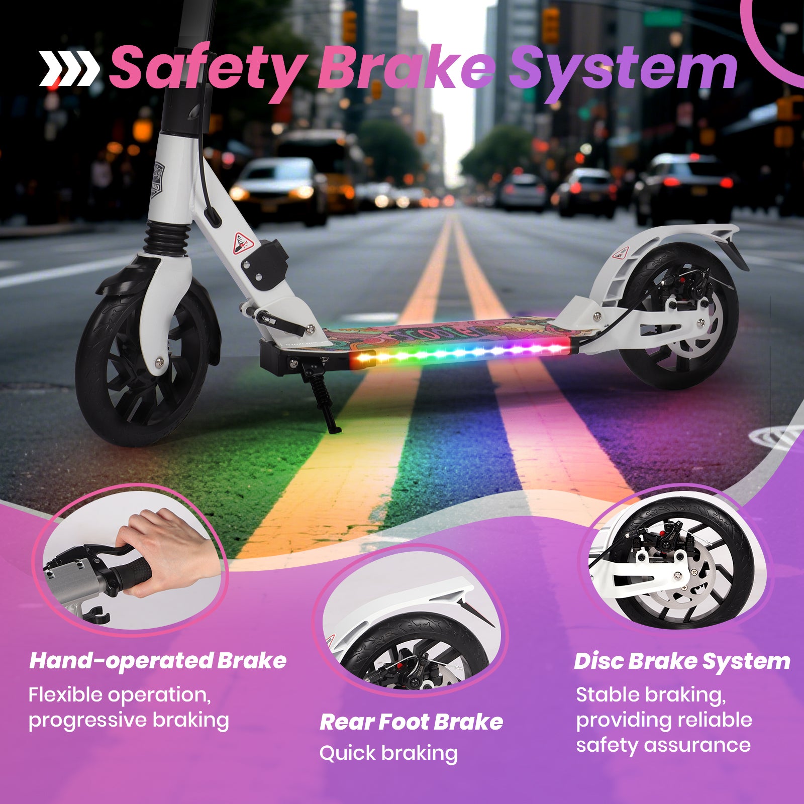 Hyeed Light Up Kick Scooter with Disc Brake White