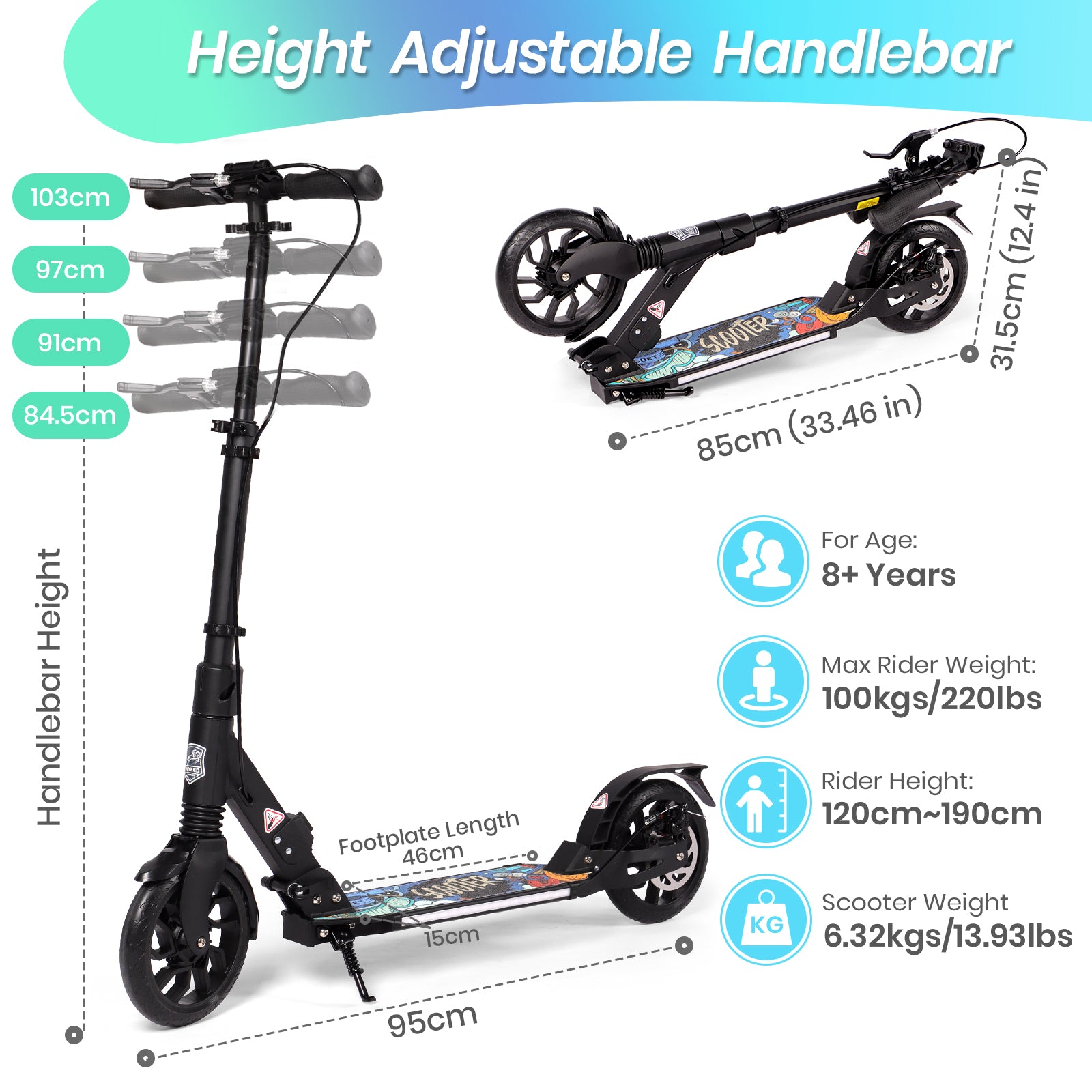 Hyeed Light Up Kick Scooter with Disc Brake Black