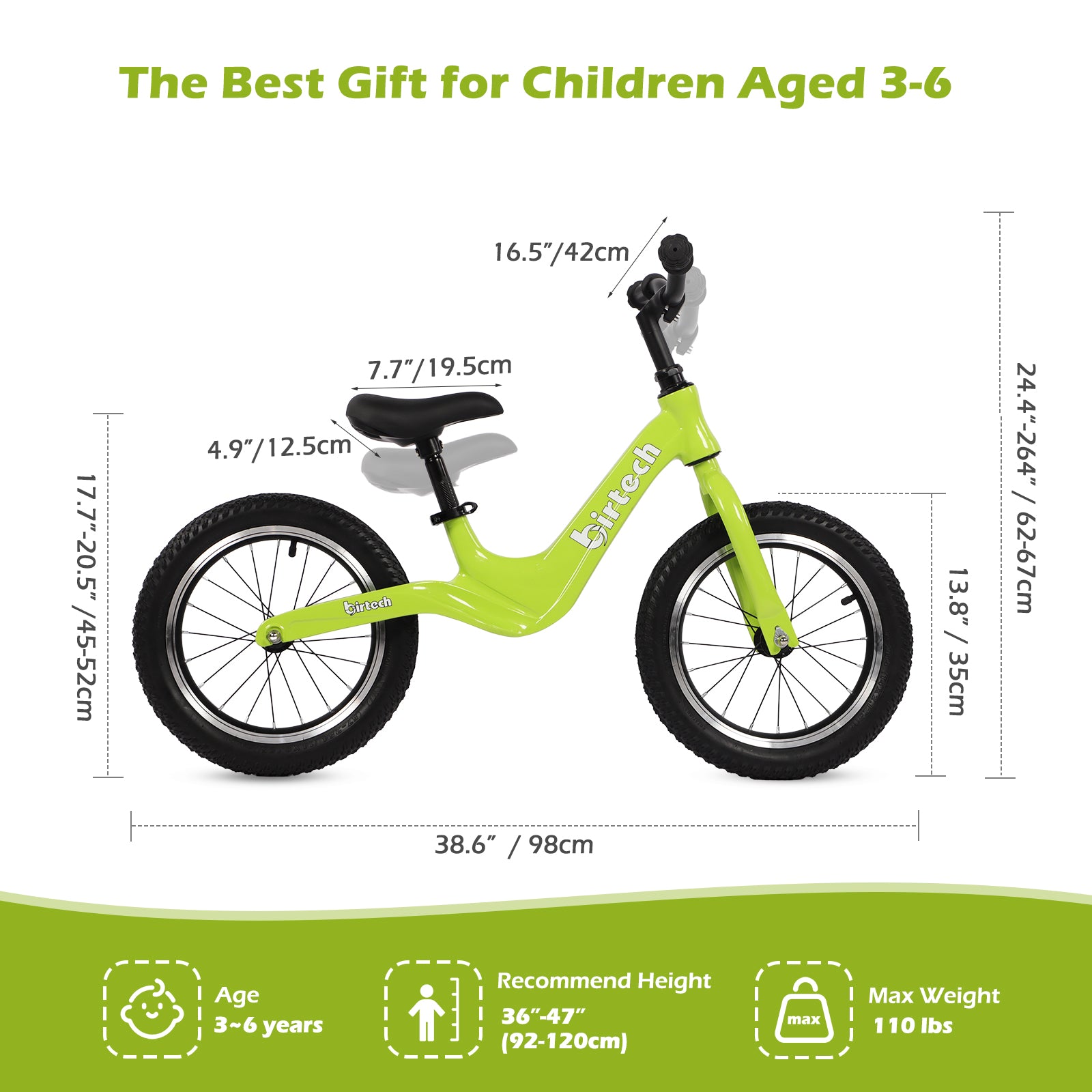 Birtech 14 Inch Kids Balance Bike with Magnesium Alloy Frame Green