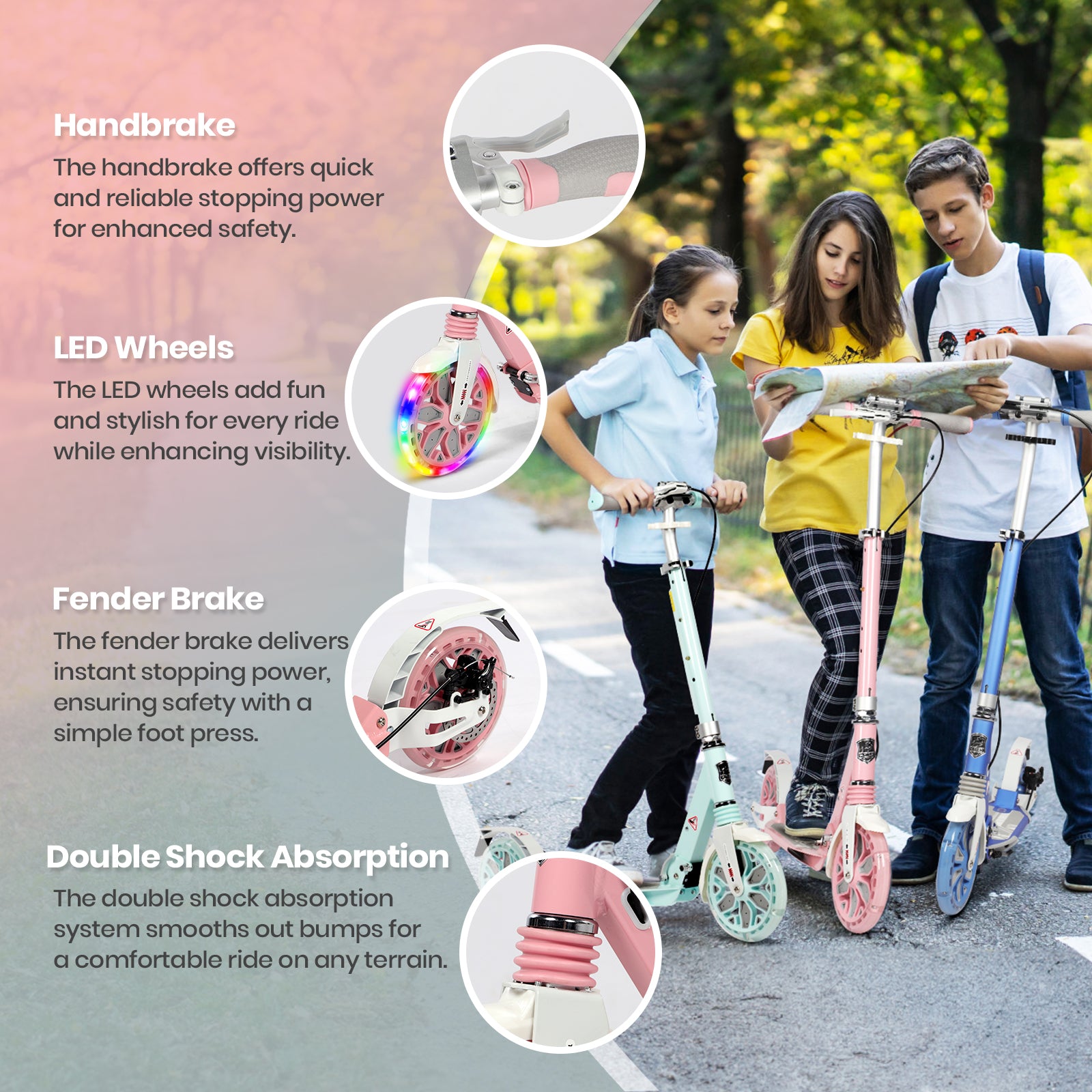 Hyeed Light Up Kick Scooter with Disc Brake Pink