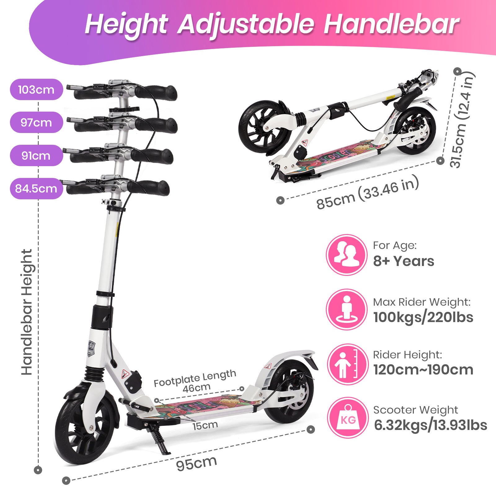 Hyeed Light Up Kick Scooter with Disc Brake White