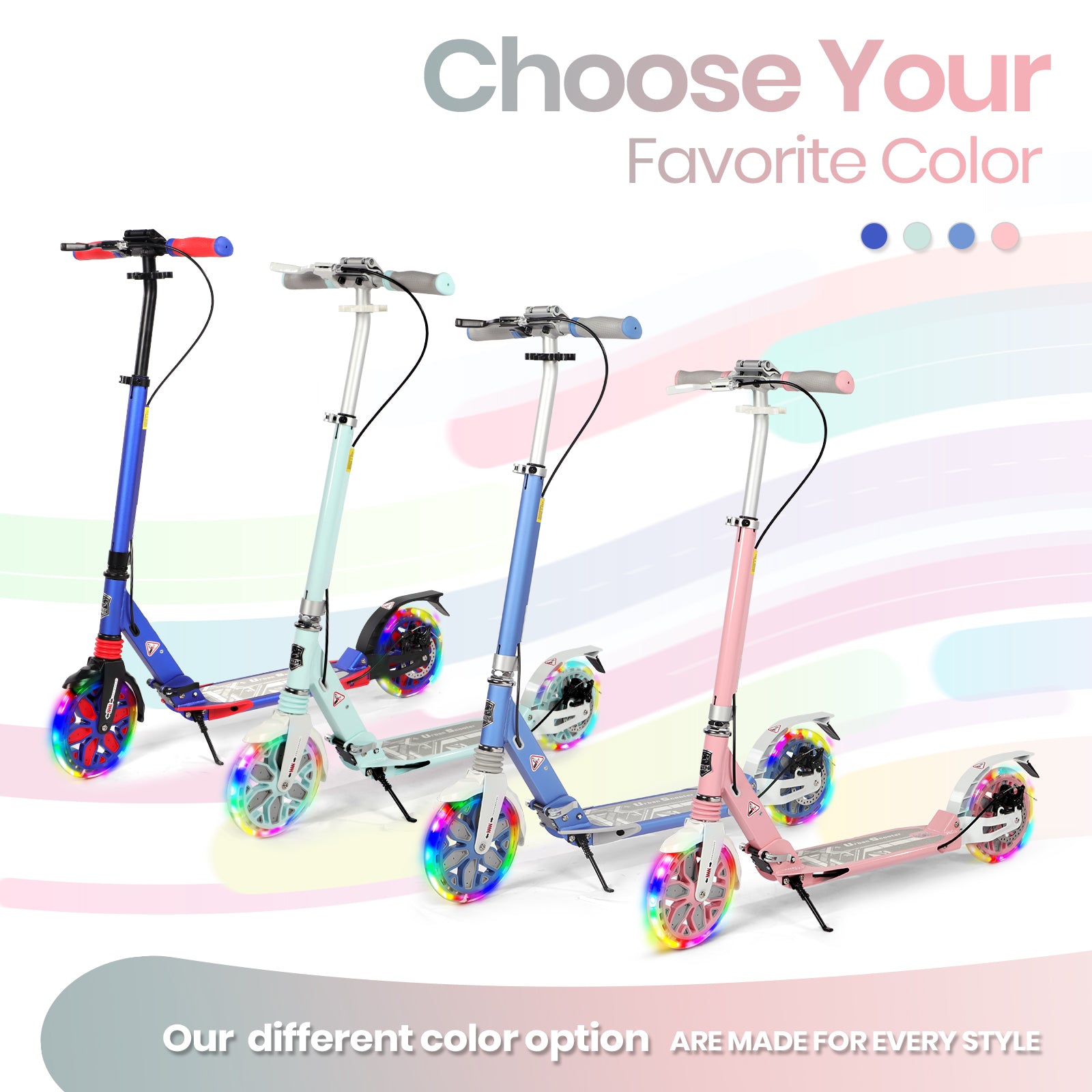 Hyeed Light Up Kick Scooter with Disc Brake Pink