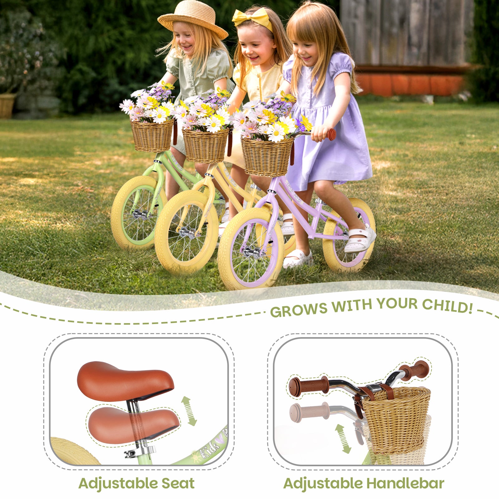 14 Inch Kids Balance Bike with Removable Basket Green