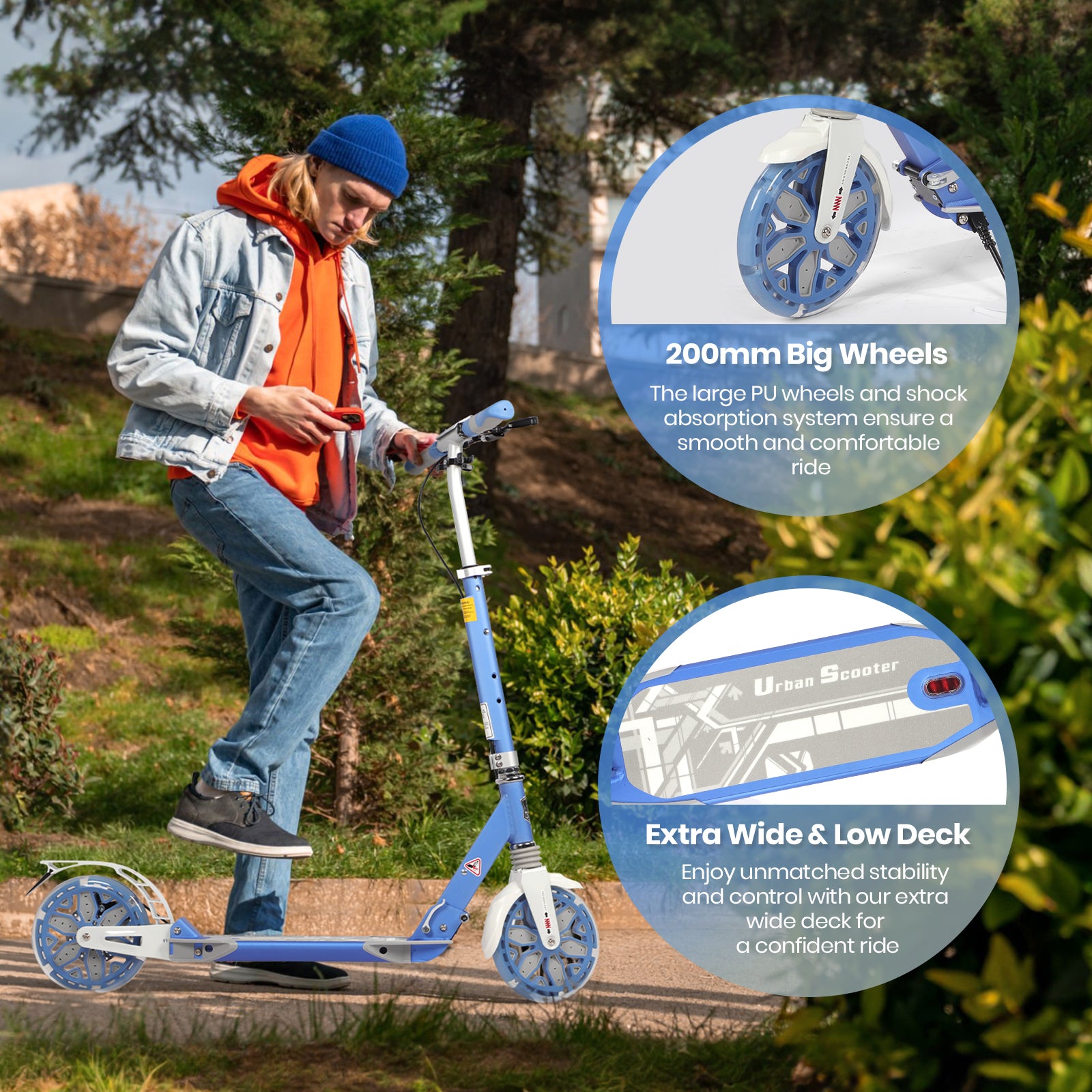 Hyeed Light Up Kick Scooter with Disc Brake Blue