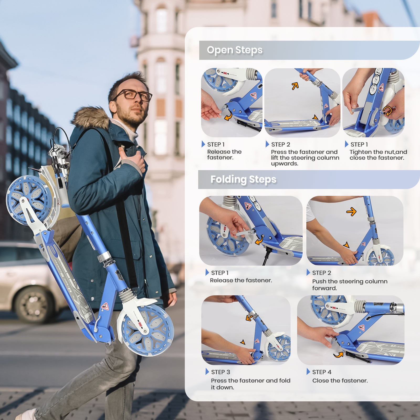Hyeed Light Up Kick Scooter with Disc Brake Blue