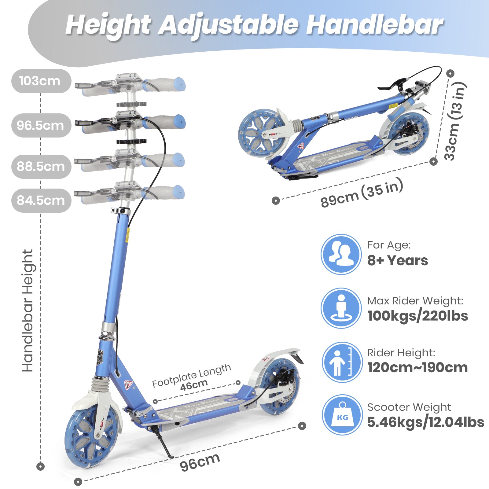 Hyeed Light Up Kick Scooter with Disc Brake Blue