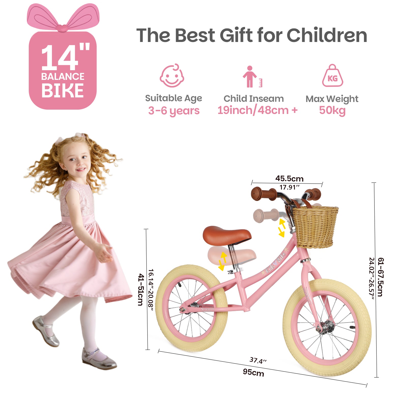 14 Inch Kids Balance Bike with Removable Basket Pink