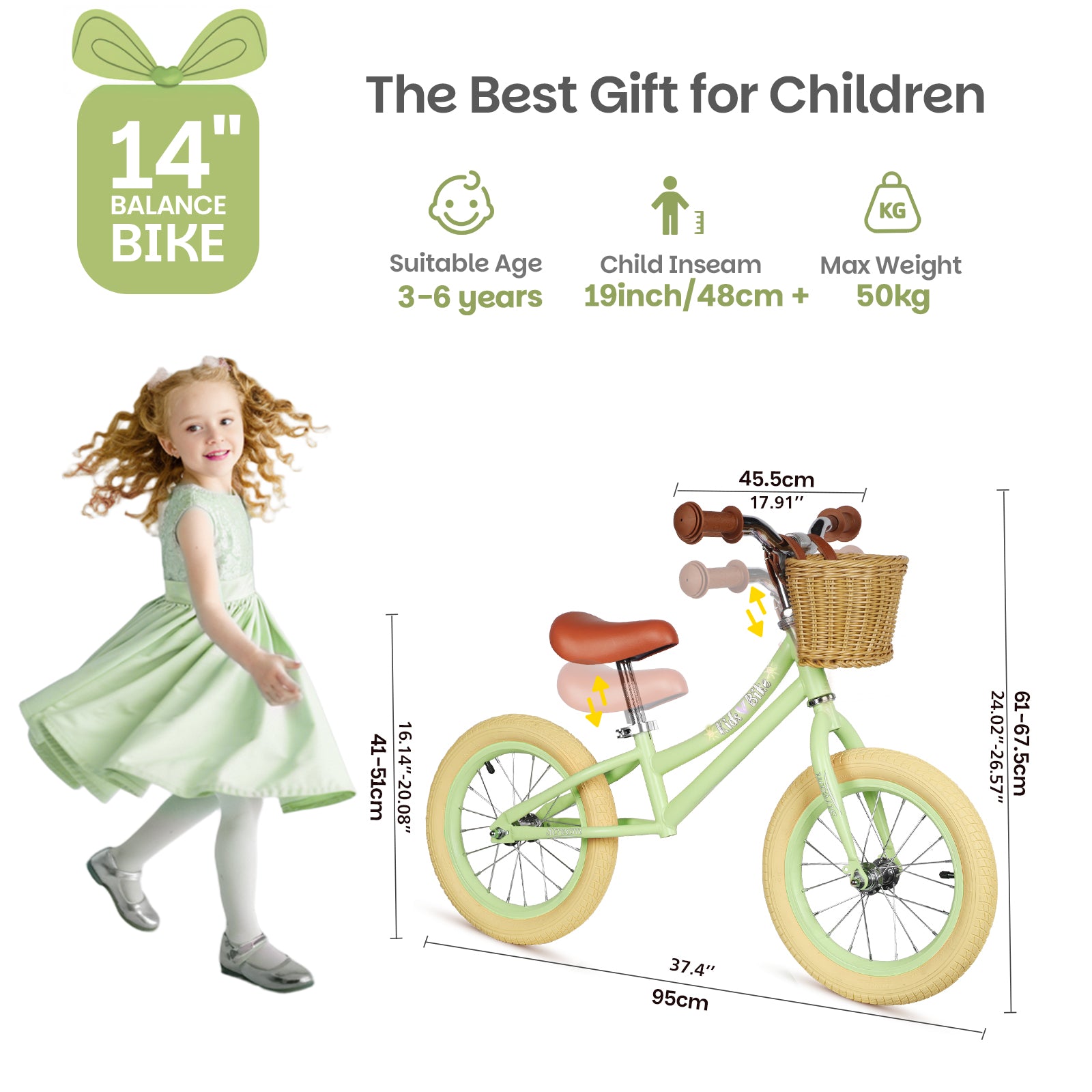 14 Inch Kids Balance Bike with Removable Basket Green
